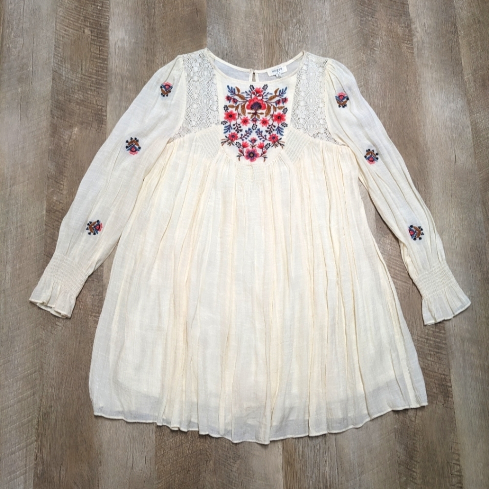 Umgee Creamy White Long Sleeve Dress Embroidered Chest